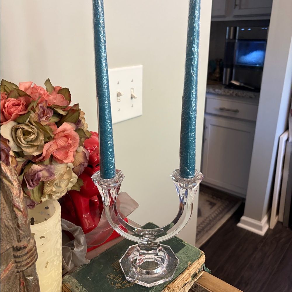 Vintage double arm glass Elegant Crystal Candle Holder with Blue Candles